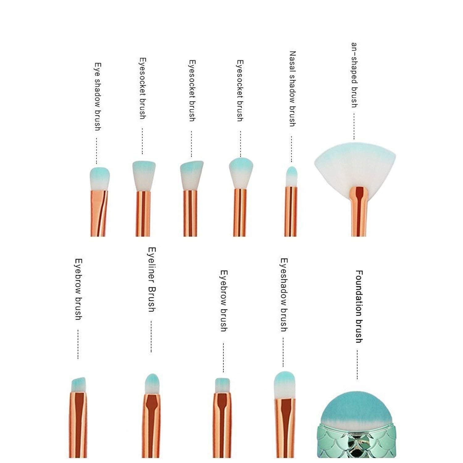Funfunman Brochas de maquillaje, 11 piezas, base de maquillaje, delineador de ojos, colorete, pinceles correctores cosméticos (sirena colorida)
