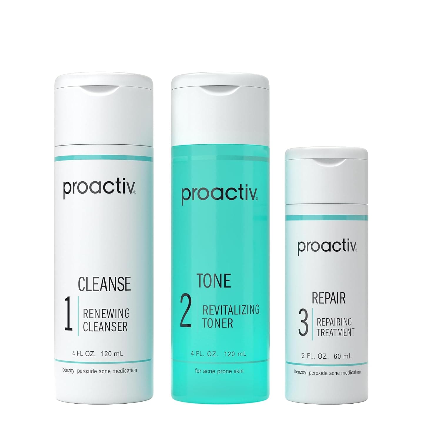 Proactiv Tratamiento para el acné de 3 pasos: lavado facial con peróxido de benzoilo, tratamiento reparador de manchas de acné para rostro y cuerpo, tónico exfoliante, kit completo para el cuidado de la piel del acné durante 60 días