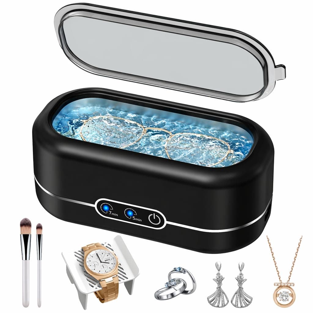 Miorcols Limpiador ultrasónico de joyas, máquina limpiadora ultrasónica de joyas de 48 KHz para todas las joyas, gafas, anillos, retenedores, correa de reloj, dentaduras postizas, cápsula de limpieza de acero inoxidable 304 de 12 oz - negro mate