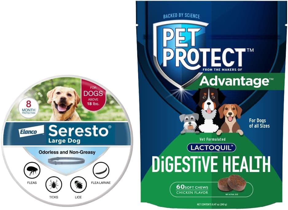 Paquete de collar para perros Seresto grande para perros de más de 18 libras. + Suplemento para la salud digestiva del perro Pet Protect 60 masticables