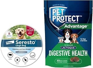 Paquete de collar para perros Seresto grande para perros de más de 18 libras. + Suplemento para la salud digestiva del perro Pet Protect 60 masticables