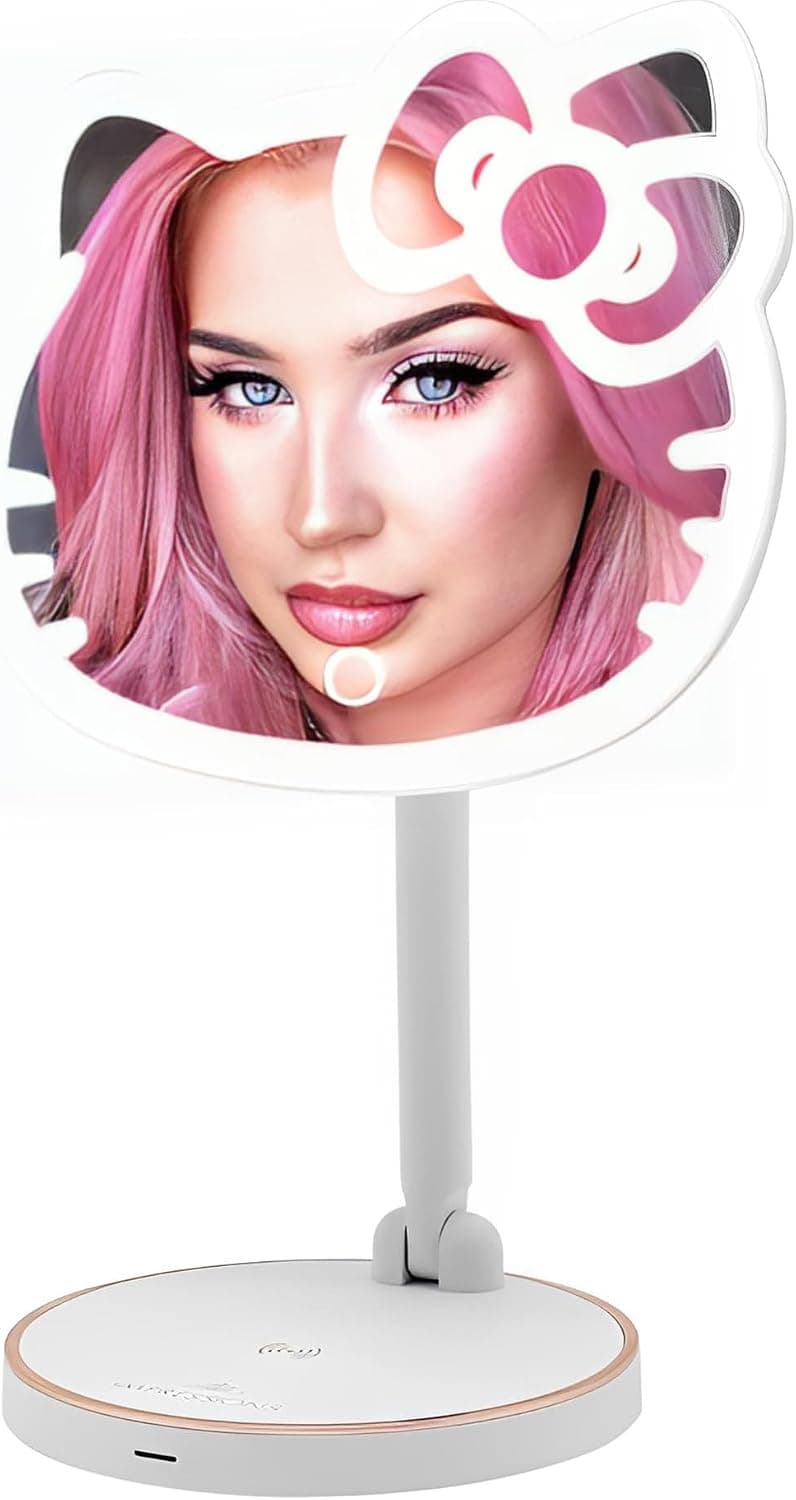 Impressions Vanity Hello Kitty Espejo de maquillaje inalámbrico LED con montaje en mesa con rotación de 360 ​​grados, espejo de escritorio con sensor táctil con tira de luz y brillo ajustable