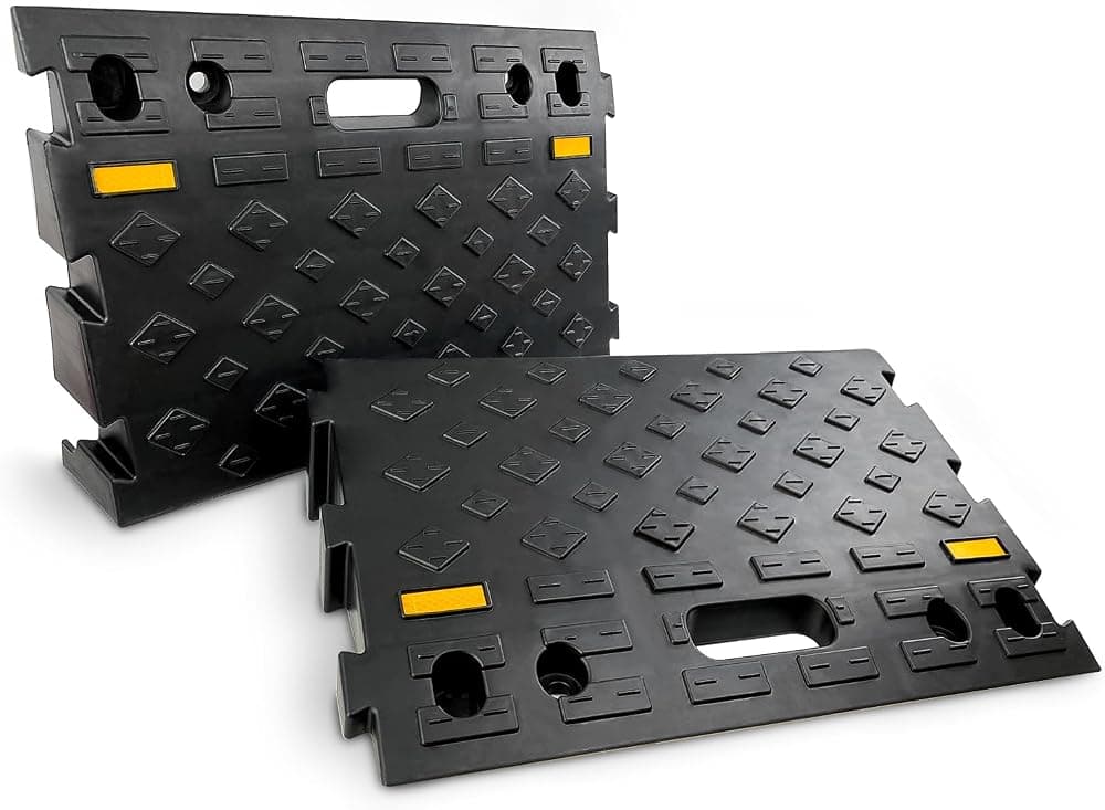 Rampa de acera automotriz portátil de 2 piezas de 4 pulgadas de alto, estructura de rampa de umbral de plástico resistente, estructura de rampa de paso entrelazada, capacidad de carga de 6600 libras para automóviles, sillas de ruedas, bicicletas, motocicletas