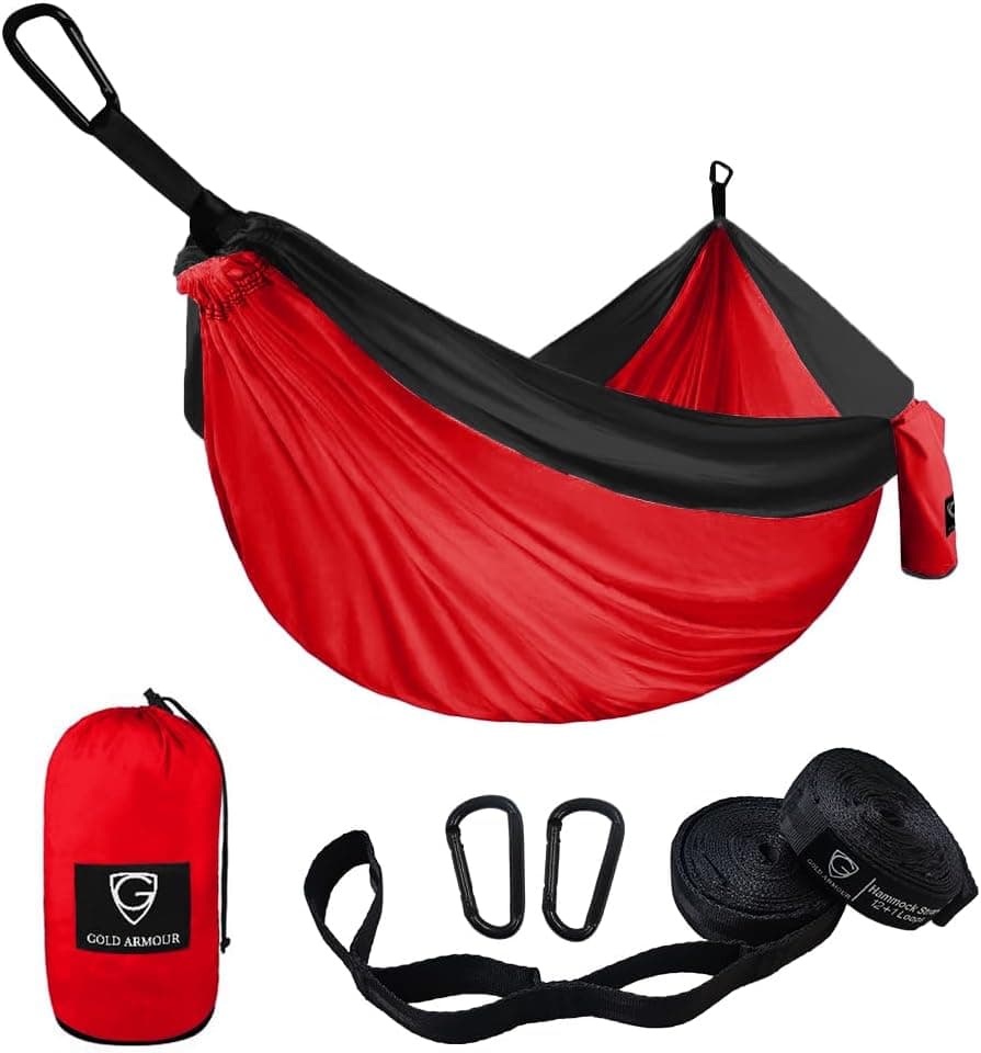 Hamaca de camping Gold Armour - Hamaca doble XL Accesorios de camping para hamacas portátiles Equipo para exteriores en interiores con correas de árbol, marca con sede en EE. UU. (rojo y negro)