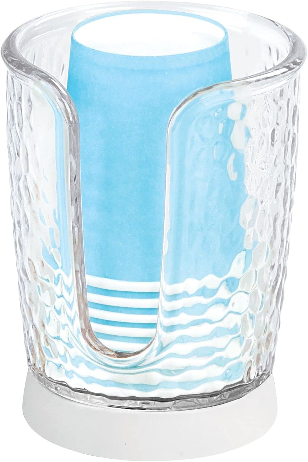 mDesign Dispensador de vasos de papel desechables, compacto, de plástico y acero, soporte de almacenamiento para enjuagar vasos en encimeras de tocador de baño, colección Rain, transparente/blanco