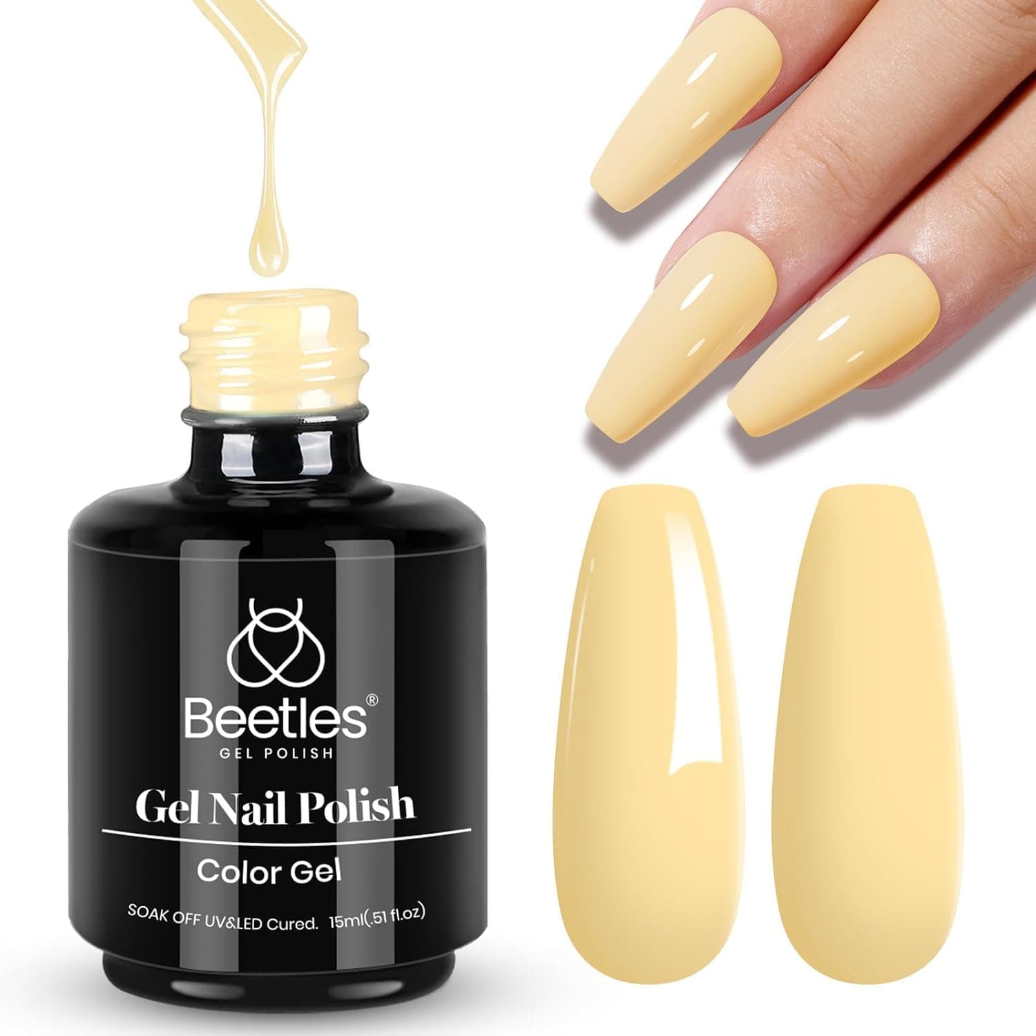 Esmalte de uñas en gel amarillo Beetles, gasa limón, esmalte de uñas en gel amarillo de 15 ml | LED UV sumergible, arte de uñas de larga duración para manicuras de bricolaje en salón y hogar