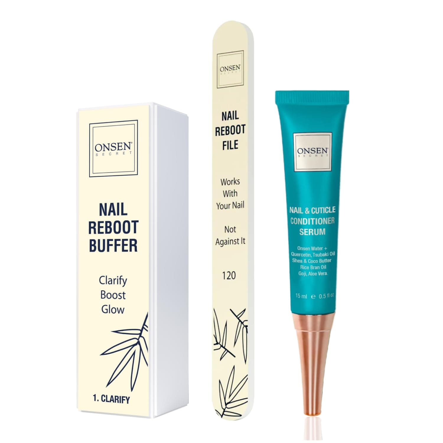 Onsen Japanese Nail File Buffer Sparkle-KIT 1.0, una lima de uñas de grano 120/180 gratis, bloque amortiguador de 3 vías, suero para cutículas con aceite para cutículas en acción-15 ml, serie Optimum Care