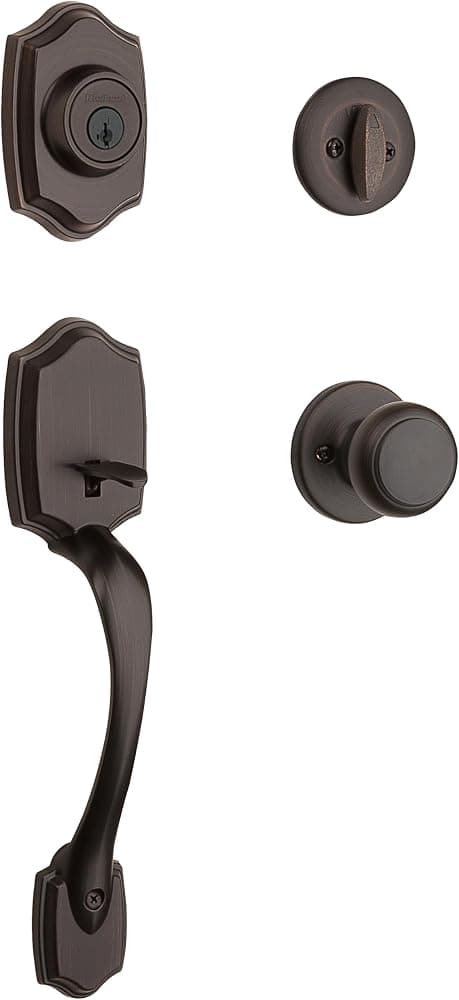 Belleview Juego de manija y cerrojo para puerta delantera, manija de entrada exterior con perilla de puerta interior Cove, bronce veneciano, seguridad de cerrojo SmartKey Rekey resistente a púas