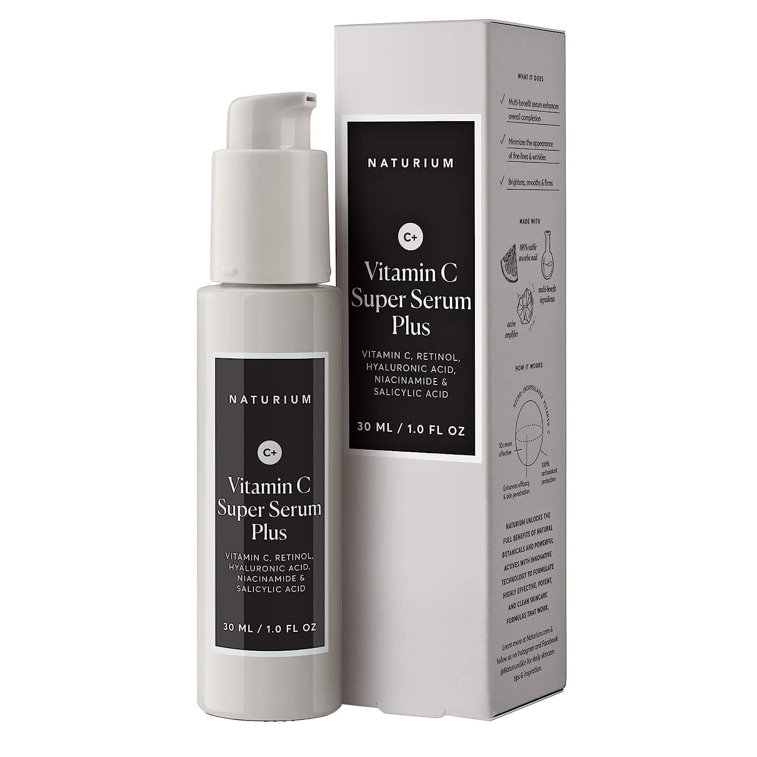 Naturium Vitamin C Super Serum Plus, cuidado facial suavizante, además de retinol, ácido hialurónico, niacinamida y ácido salicílico, 1 oz