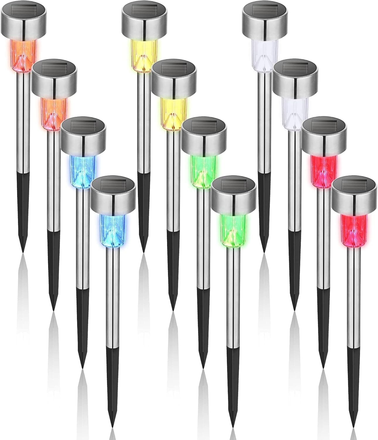 GIGALUMI Luces solares de jardín al aire libre, paquete de 12 luces de 6 colores, IP65 impermeables decorativas para caminos, iluminación LED de acero inoxidable para patio, césped, pasarela