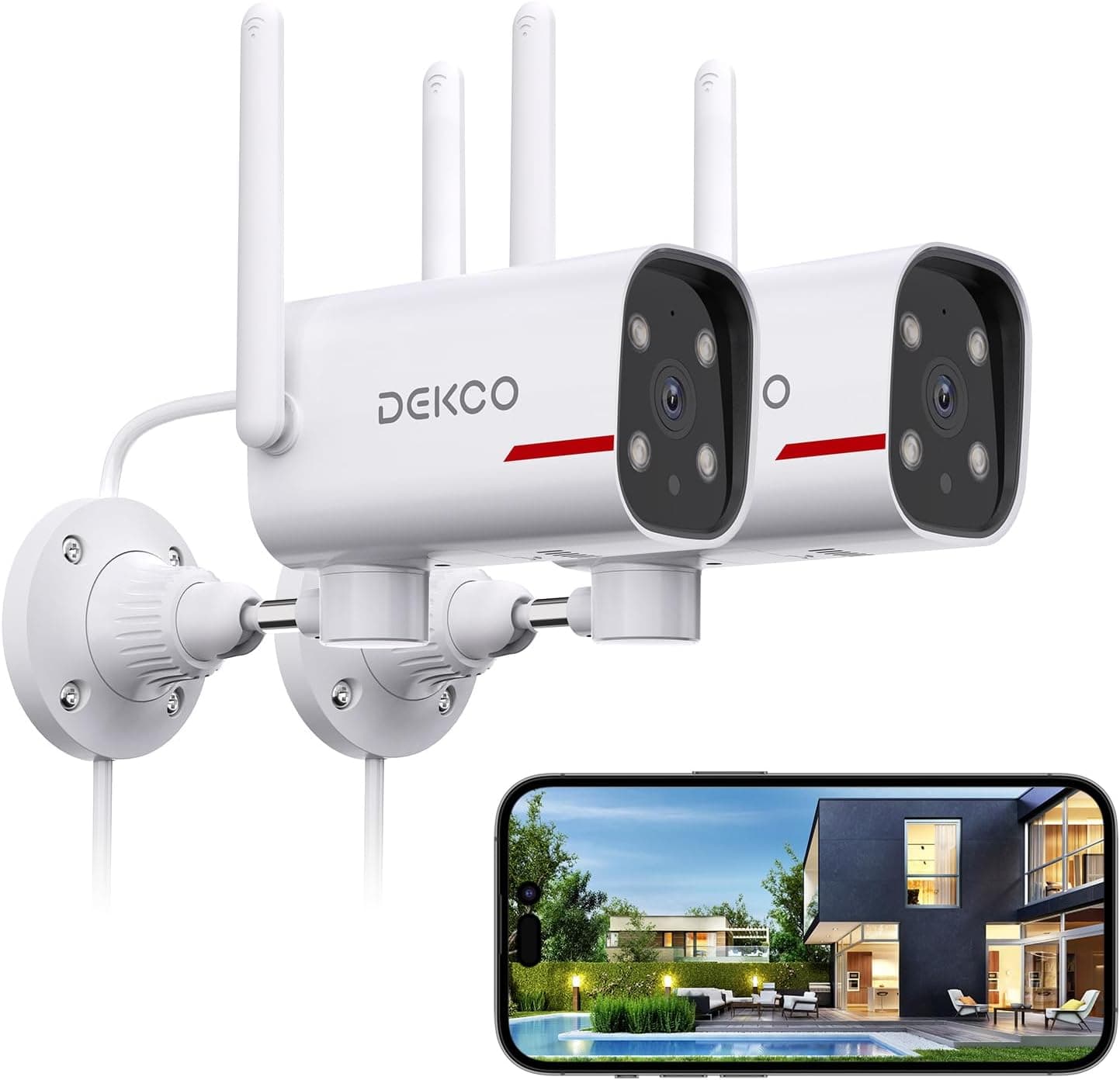 Cámaras de seguridad para exteriores DEKCO 2K, WiFi con cable, paquete de 2 | Visión nocturna en color, grabación 24 horas al día, 7 días a la semana, WiFi de 2,4 GHz, rotación panorámica para puerta de entrada, entrada, garaje y patio