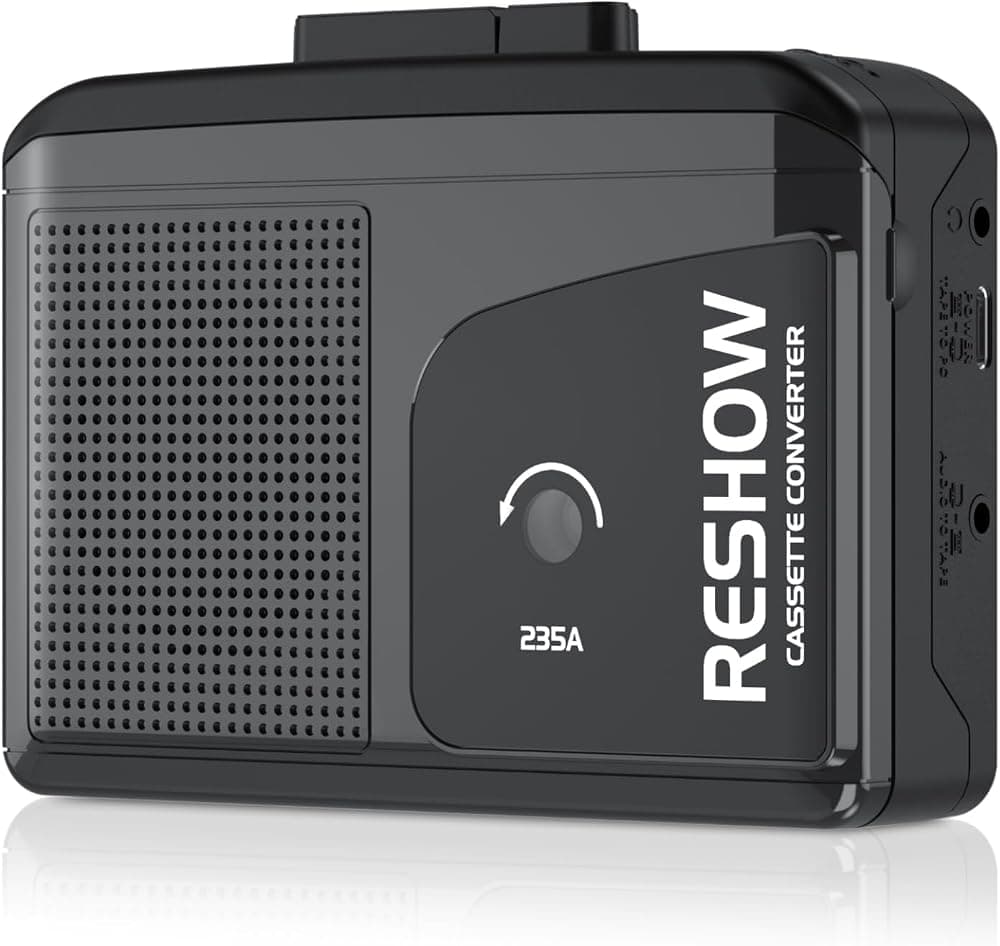 Reshow Reproductor de cinta de casete portátil, convertidor de casete de audio a digital con USB C, altavoz incorporado, reproducción y grabación inversa, sonido estéreo - Negro