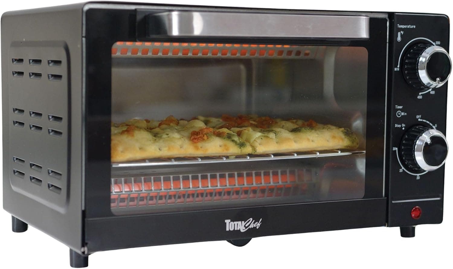 Total Chef Horno tostador - Horno de encimera para tostar, hornear, asar, pizza, tamaño compacto para cocina pequeña, aparato con temporizador, negro