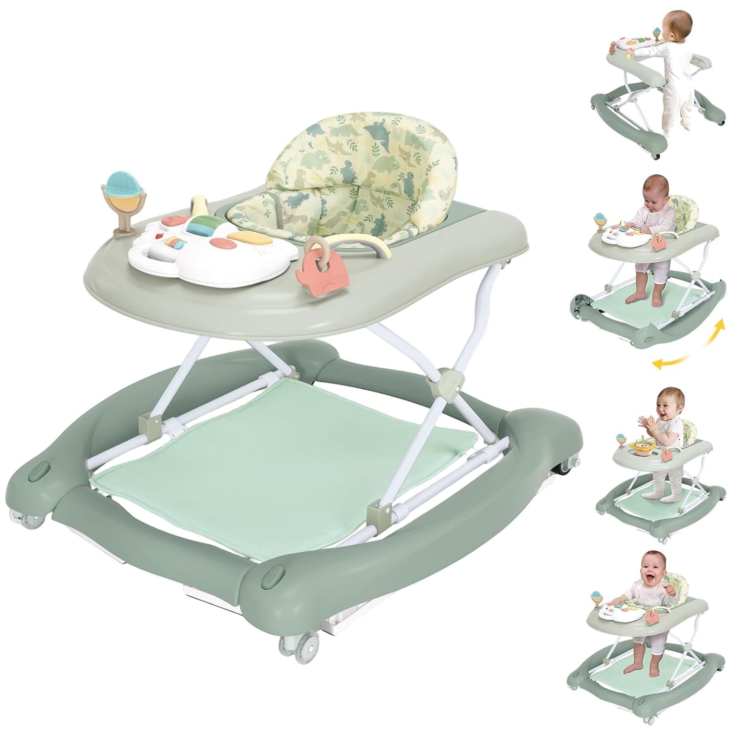 Andador plegable 5 en 1, andador de actividades para bebés, hamaca para bebés, mecedora, centro de actividades, asiento y andador de empuje, tapete para reposapiés desmontable, ruedas traseras de velocidad ajustable y altura, edades de 6 a 18 meses (verde claro)