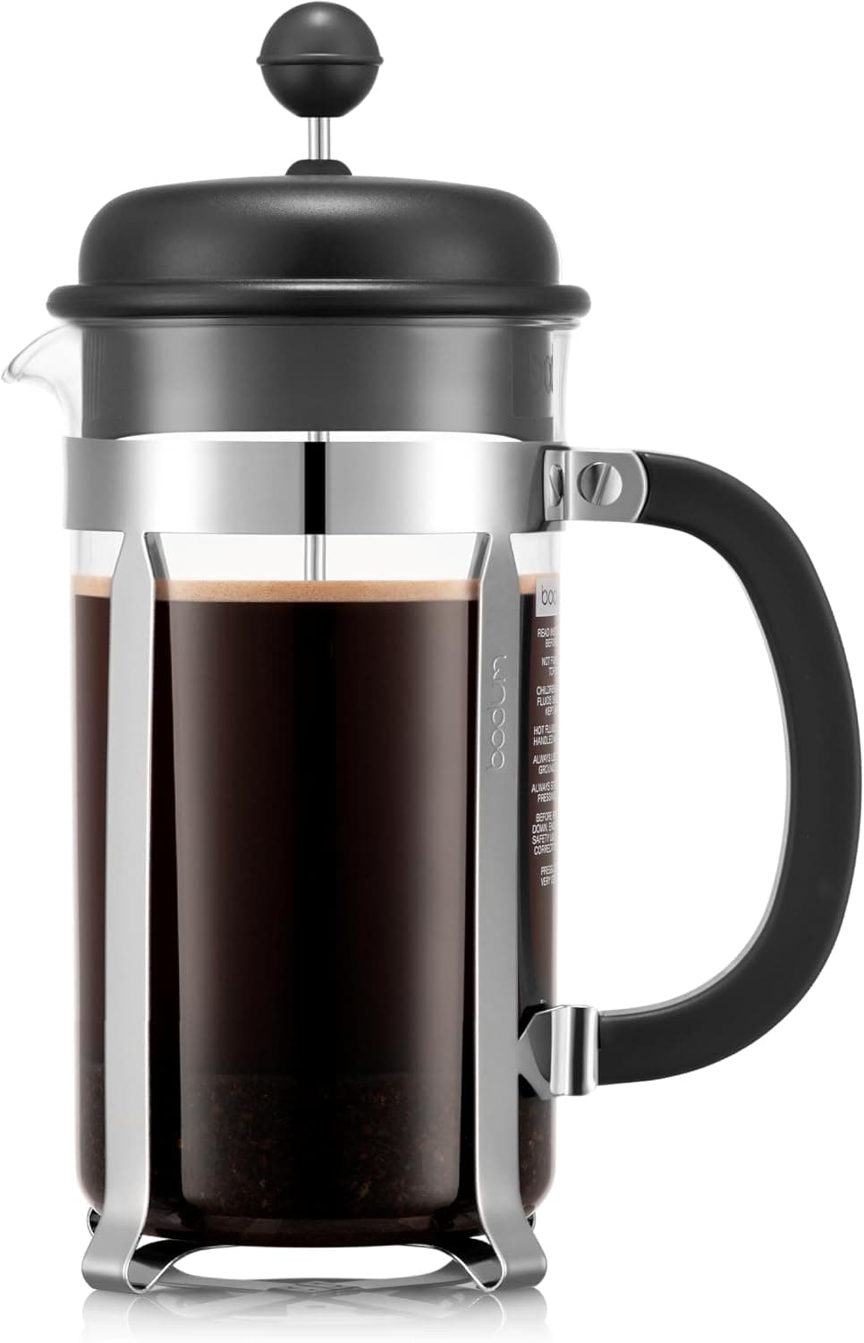 Cafetera de prensa francesa Bodum Caffettiera, tapa de plástico negro y marco de acero inoxidable, 8 tazas, 34 onzas