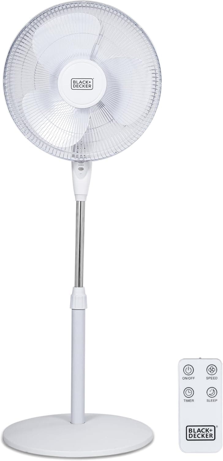 BLACK+DECKER Ventilador de pedestal oscilante de 16" con control remoto, BFSR16W, blanco | Ventilador de pedestal oscilante con control remoto, oscilación de 90 grados, 3 configuraciones de velocidad, altura ajustable, temporizador, inclinación de 30 grados