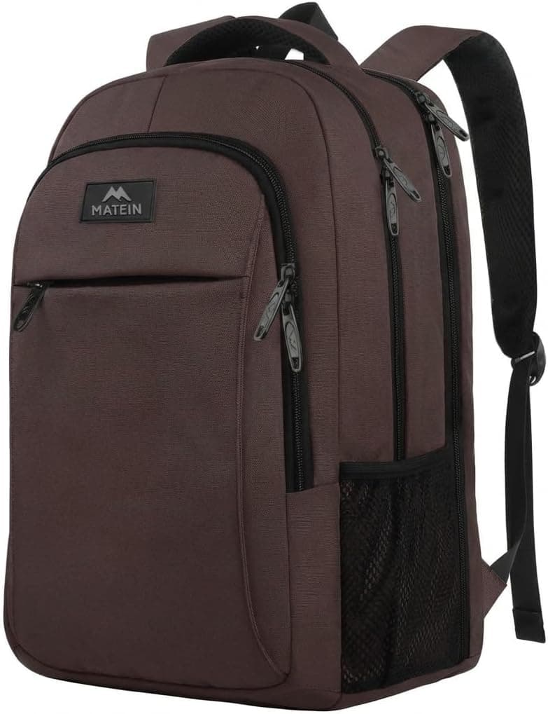 MATEIN Mochila marrón para computadora portátil de 17,3 pulgadas, bolsa de viaje extra grande compatible con TSA | Antirrobo, Aprobado para vuelos, Mochila de negocios, Bolsa de trabajo para la universidad, Resistente al agua, Regalos para hombres y mujeres