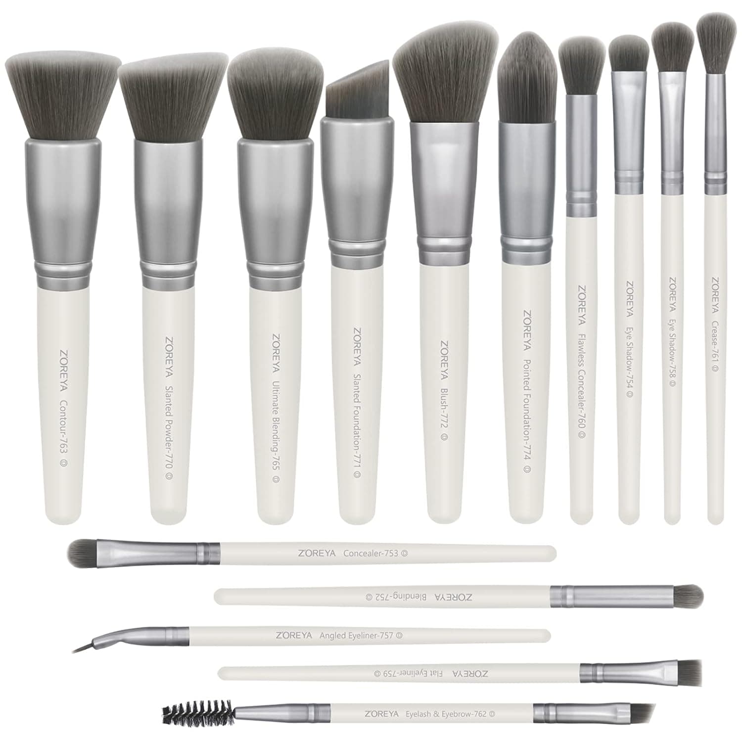 ZOREYA Brochas de Maquillaje - Juego de 15 Brochas de Maquillaje con Cerdas de Carbón de Bambú Premium, Correctores de Base, Sombras de Ojos, Brochas de Maquillaje, Brochas para Delineador de Ojos (Blanco)
