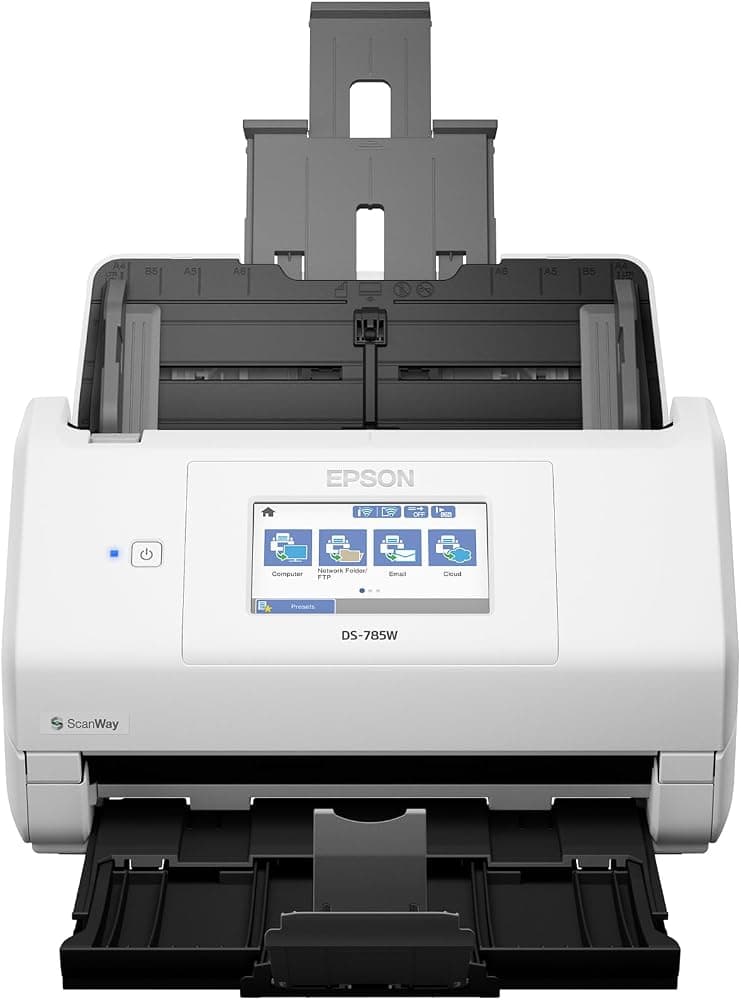 Escáner de documentos de escritorio dúplex en color Epson DS-785W, hasta 45 ppm, conectividad inalámbrica/USB, escaneo sin PC ScanWay, pantalla táctil LCD de 4,3", alimentador automático de documentos (ADF) de 100 páginas, controladores Twain/ISIS