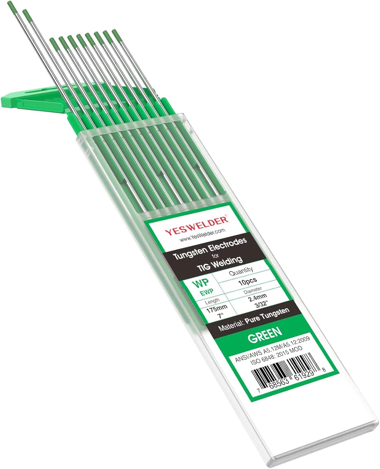 YESWELDER Electrodo de tungsteno para soldadura TIG Tungsteno puro | Paquete de 10 EWP verde de 3/32" x 7"