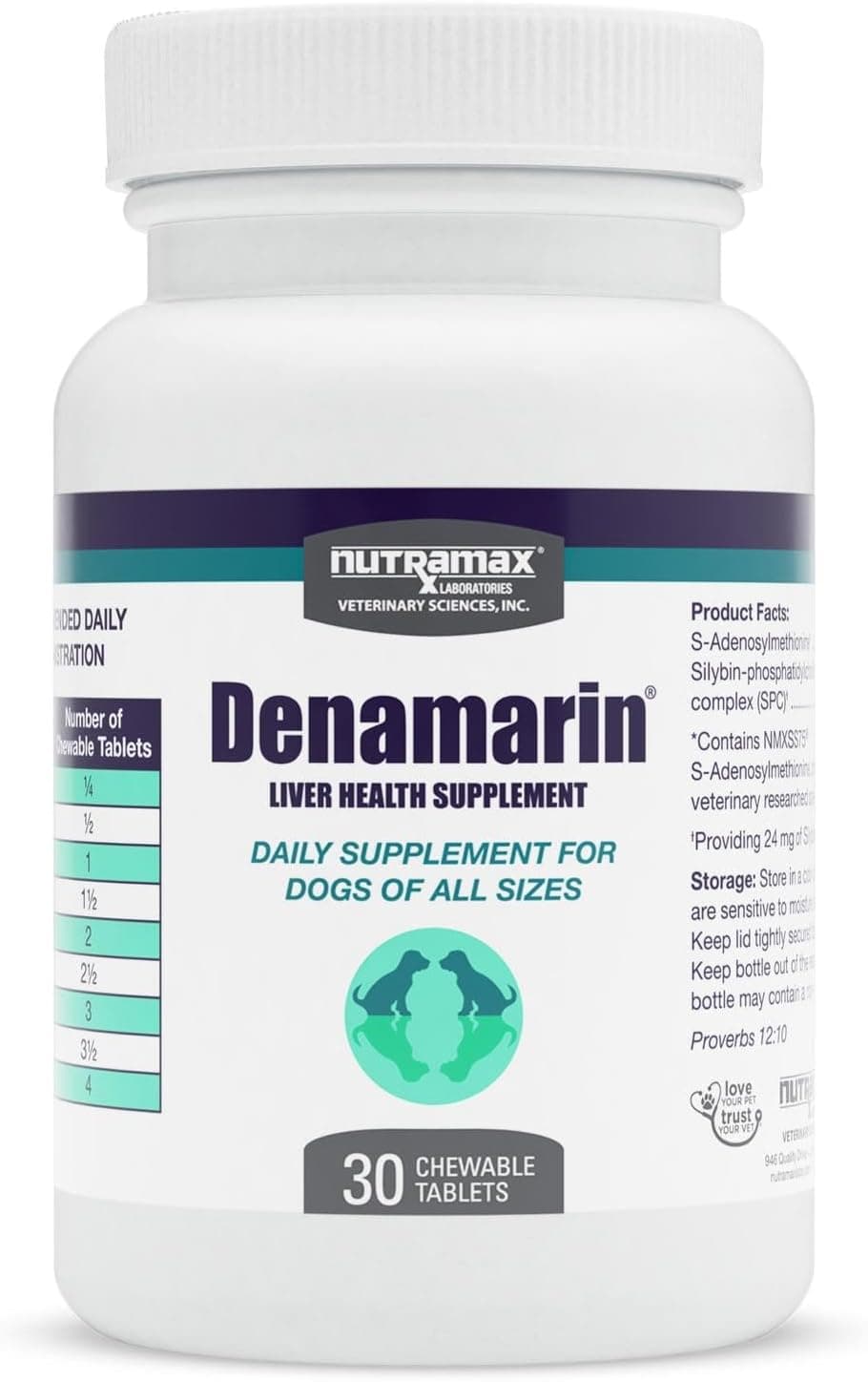 Nutramax Denamarin Suplemento de hígado para perros, tabletas masticables, 30 unidades | Respaldo hepático para perros, contiene S-adenosilmetionina (SAMe) + silibina de cardo mariano, todas las edades y tamaños, tabletas masticables