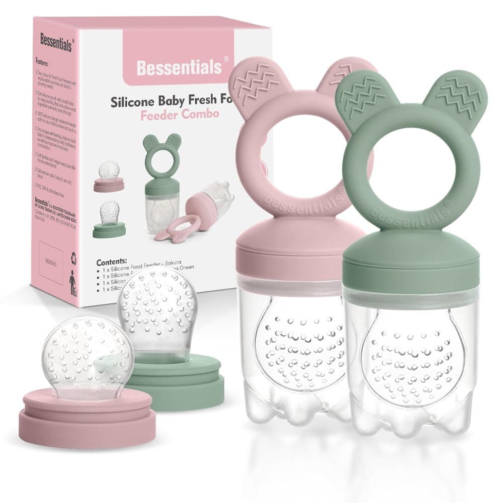 Alimentador de alimentos de frutas frescas para bebés - Paquete de 2 comederos de malla de silicona para autoalimentación segura para bebés | Bolsas de alimentos de 3 tamaños incluidas | Adecuado para bebés de 4 meses o más (rosa claro y verde hierba)