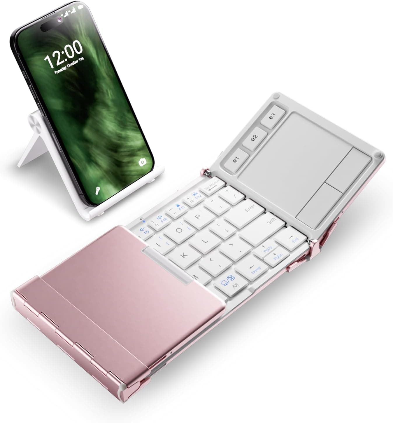 iClever BK08 Teclado plegable con panel táctil para teléfono y tableta, rosa | Trackpad multitáctil, tamaño de bolsillo, construcción de aluminio, conmutación Bluetooth para 3 dispositivos, carga USB-C, para viajes y trabajo remoto