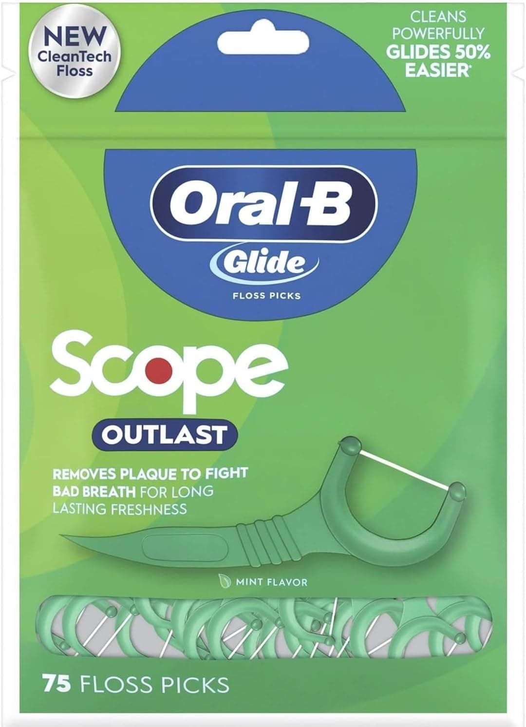 Oral-B Complete Glide Dental Floss Picks Plus Scope Outlast, Long Lasting Mint, 75 Dental Floss Picks, Pack of 6