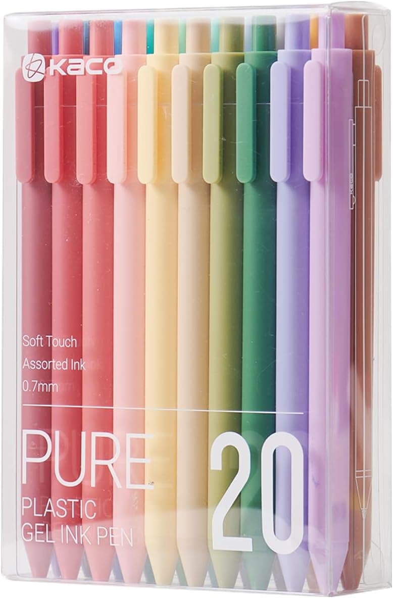 Kaco PURE Gel Pens 20 Macaron Color Ink Assorted 0.7mm Medium Point Pens | Colorful Pens Aesthetic Cute Stationery Pens Multi-color Ink for Painting Journaling Note Taking
