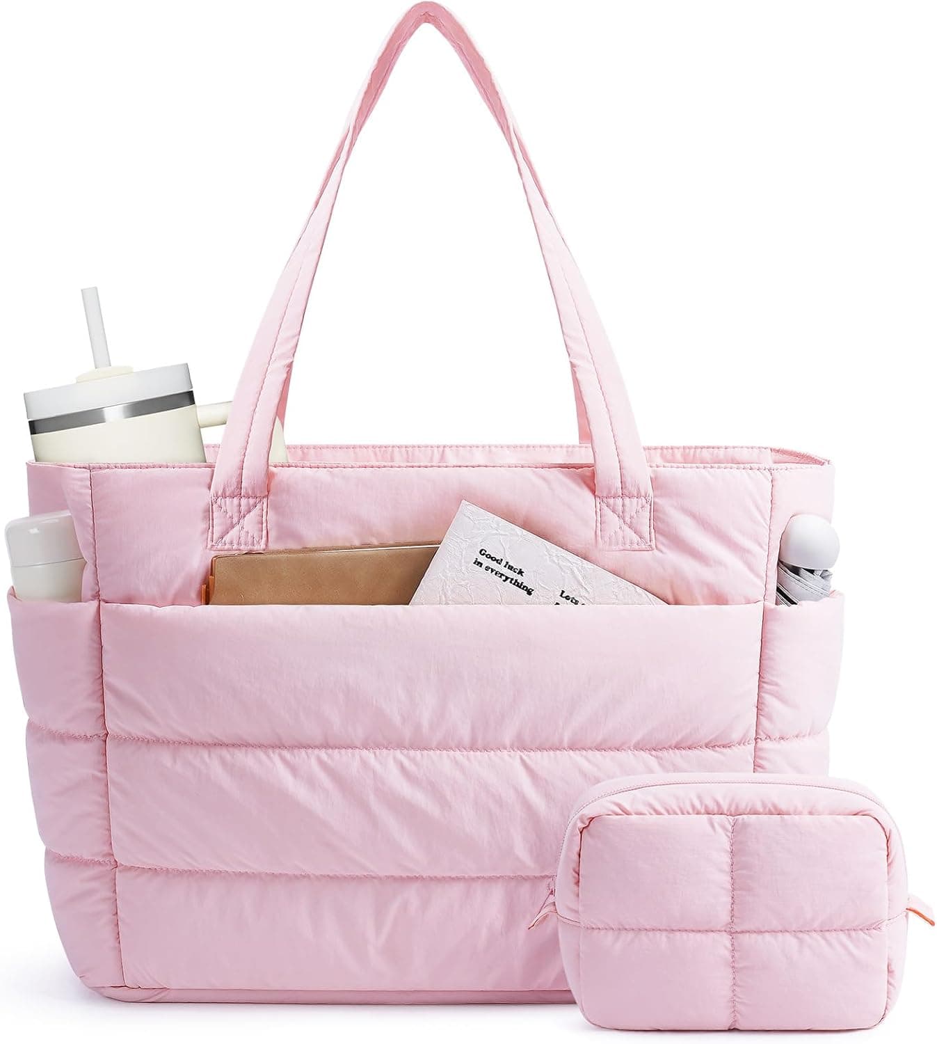 Narwey Nylon Puffer Tote Bag for Women, Quilted Work Nurse Teacher Tote Bag | Lightweight, Puffy, Aesthetic, Trendy, 15.6 Laptop Sleeve, 40oz Tumble holder, Shoulder Bag for Travel, Gym, Holiday Gifts