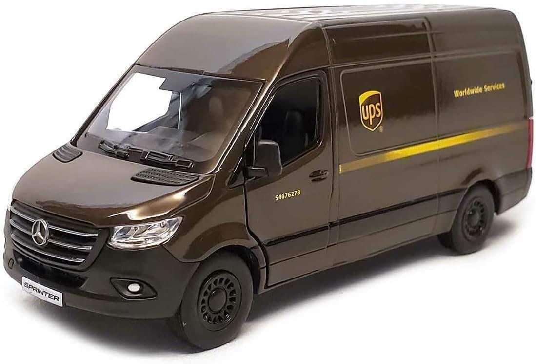 KiNSMART - Furgoneta de carga Mercedes-Benz Sprinter UPS Edition, furgoneta de juguete modelo de metal fundido a escala 1:48 O, acción de retroceso