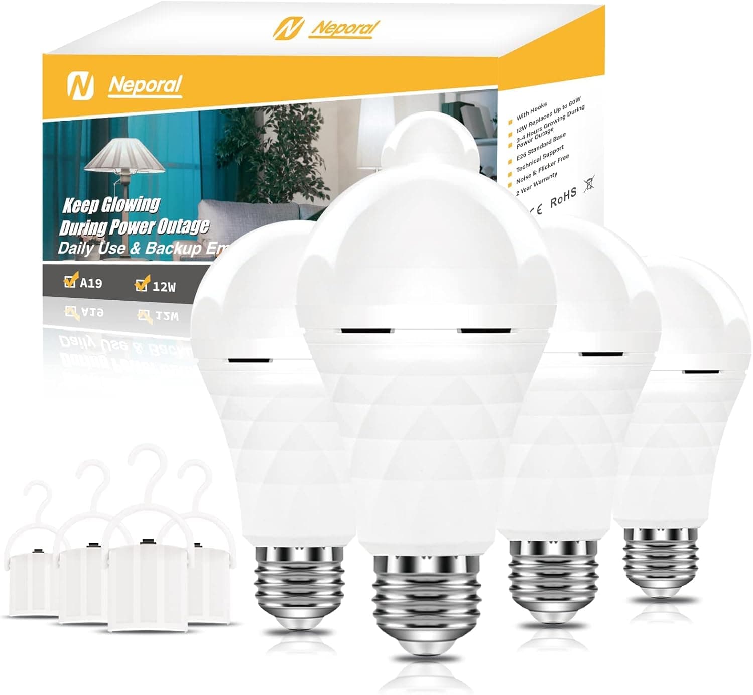 Neporal A19 Bombillas recargables de emergencia para cortes de energía, bombilla LED equivalente a 60 W, bombilla autocargable de 1200 mAh, bombillas de respaldo de batería para uso diario, emergencia (luz diurna)