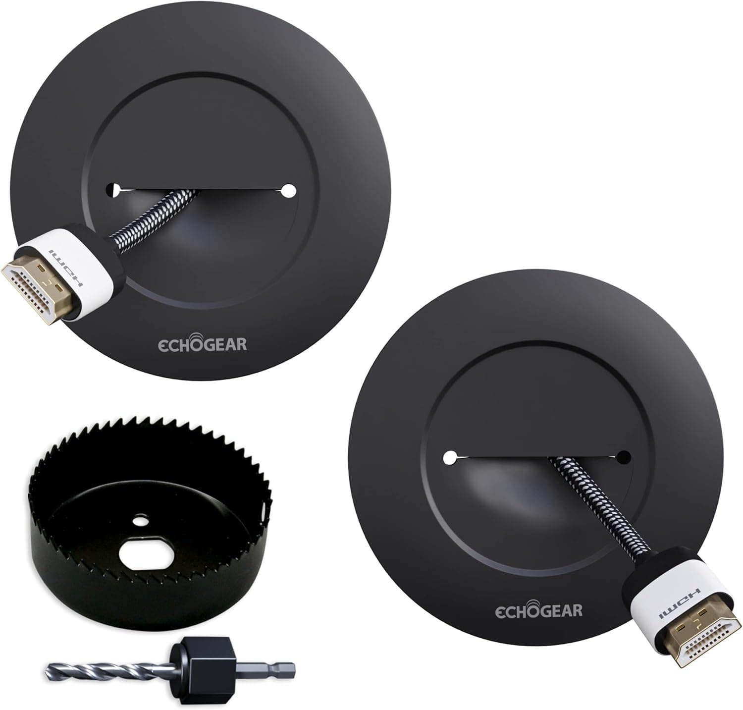 Controlador de cable de TV ECHOGEAR para TV montada en la pared - El kit de gestión de cables oculta los cables de TV - Incluye 2 pasantes, soportes de bloqueo y un accesorio para taladro de sierra perforadora (negro)