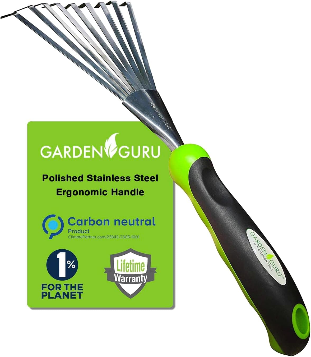 Garden Guru - Rastrillo manual de acero inoxidable con mango ergonómico, ideal para jardinería, cultivar, aflojar la tierra y esparcir mantillo, rastrillar macizos de flores