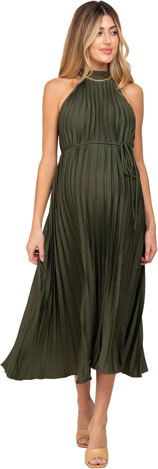 PinkBlush Olive Pleated Maternity Halter Dress
