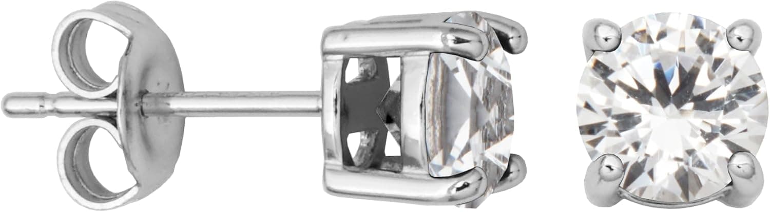 Pendientes de tuerca redondos con piedra natal de plata de ley de Amazon Essentials