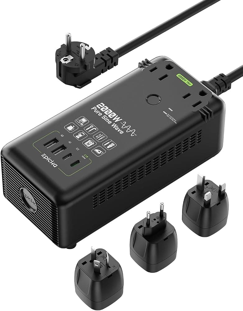 Convertidor de voltaje de onda sinusoidal pura EPICKA 2000W, 220V a 110V | Adaptador de enchufe de viaje universal para UE/UK/AU/JP, carga rápida PD de 20 W, 2AC/2USB-A/2USB-C, negro