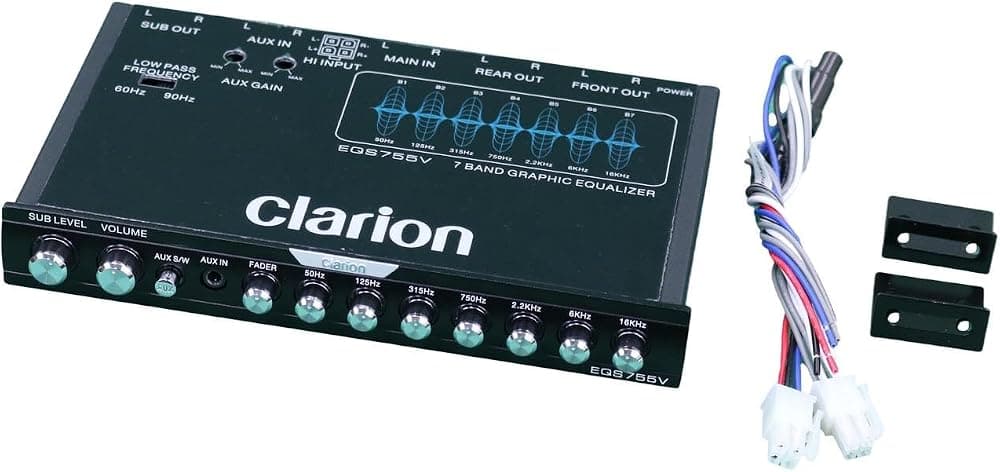 Clarion EQS755V 7-Band Car Audio 1/2-DIN Size Car Graphic Equalizer/Crossover with Front 3.5mm Auxiliary Input, Rear RCA Auxiliary Input and High Level Speaker Inputs