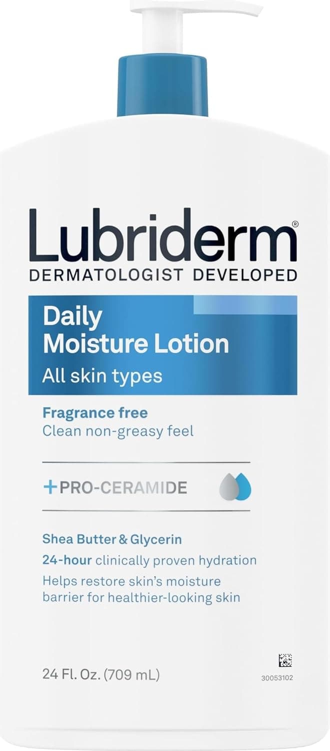 Lubriderm Fragrance Free Daily Moisture Lotion + Pro-Ceramide Manteca de Karité & Glicerina Face Hand & Body Lotion for Sensitive Skin Hydrating 24 Hour Moisturizer Healthier-Looking Skin 24 fl.Oz Pack de 3