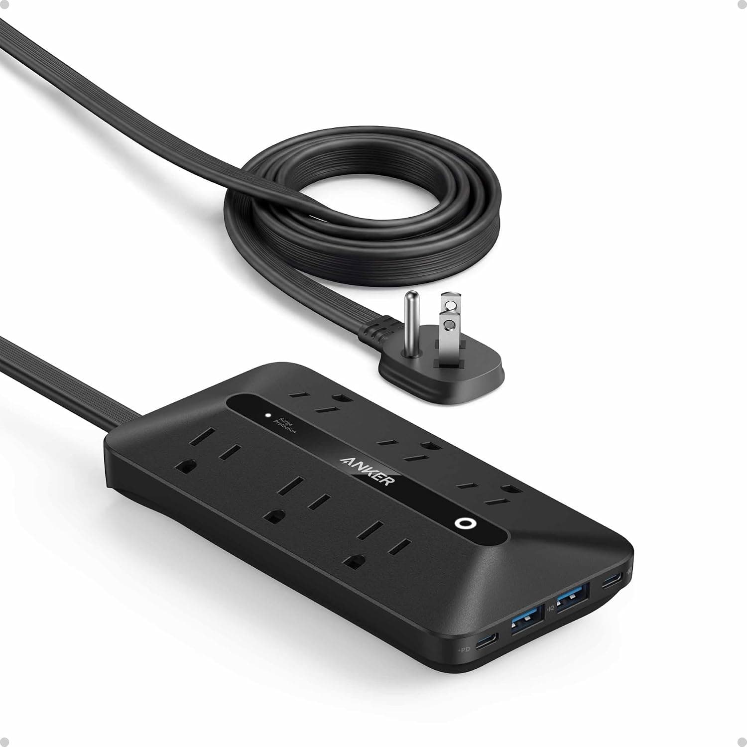 Regleta Anker con protector contra sobretensiones 300J, extensor de salida de 10 pies, 20W, 6AC | Cable de extensión de enchufe plano con múltiples salidas, 2 USB C, 2 USB A, elementos esenciales para dormitorio, oficina en casa, certificación TUV