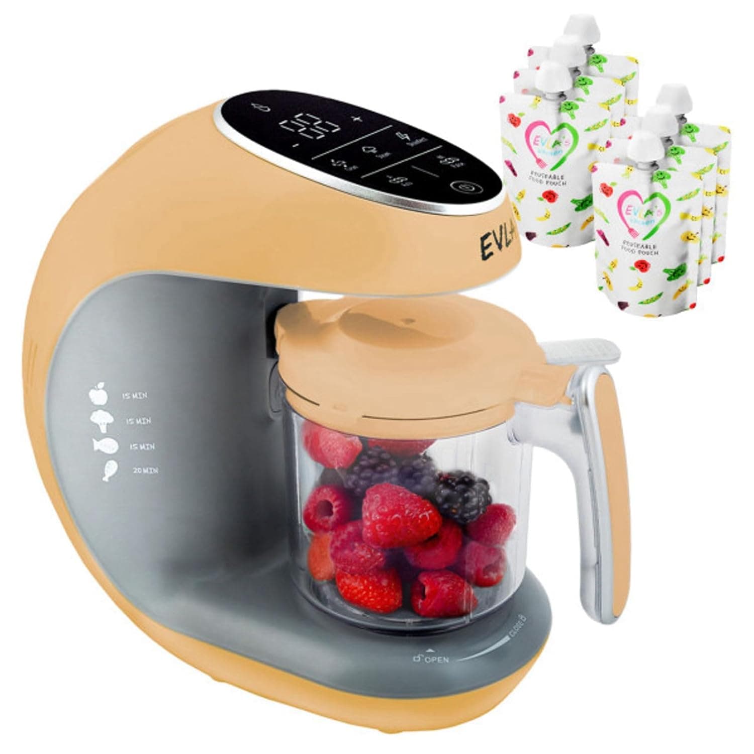 EVLA'S Fabricante de alimentos para bebés, vaporera, licuadora, procesador de alimentos para bebés para alimentos caseros saludables para bebés en minutos, pantalla táctil con 6 bolsas de alimentos reutilizables, registro de bebé esencial, melocotón | Mezcle, muele, cocine al vapor y cocine alimentos caseros para bebés, máquina autolimpiante con pantalla táctil