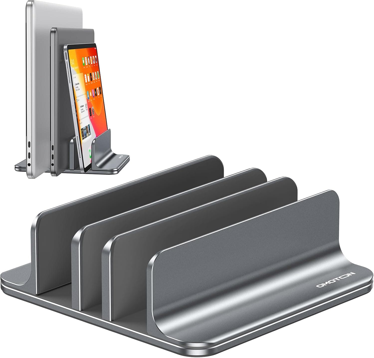 OMOTON Soporte vertical múltiple para computadora portátil con 3 ranuras, se adapta a todos los MacBook, gris | Ancho ajustable de 0 a 1,38 pulgadas, oficina de aluminio que ahorra espacio para escritorio, se adapta a MacBook/Book/iPad de hasta 17,3 pulgadas