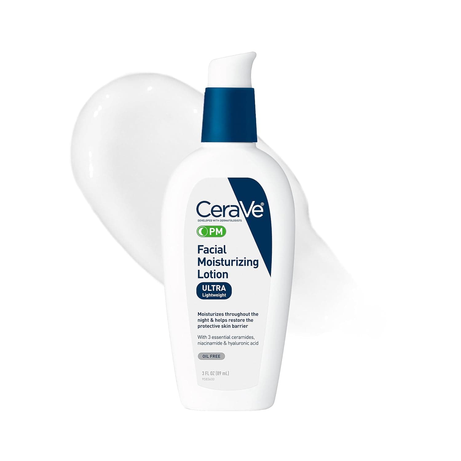 Crema hidratante facial diaria CeraVe PM, cuidado de la piel para pieles secas, sin aceite, 3 oz