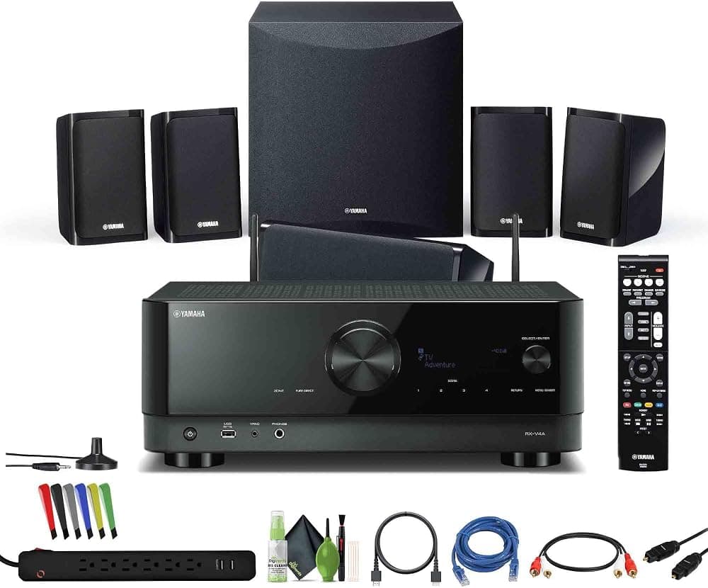 Yamaha YHT-5960U Sistema de cine en casa de 5.1 canales para sistema de sonido envolvente de TV con subwoofer activo de 8" y 100 W y HDMI de 8K y paquete MusicCast con accesorios