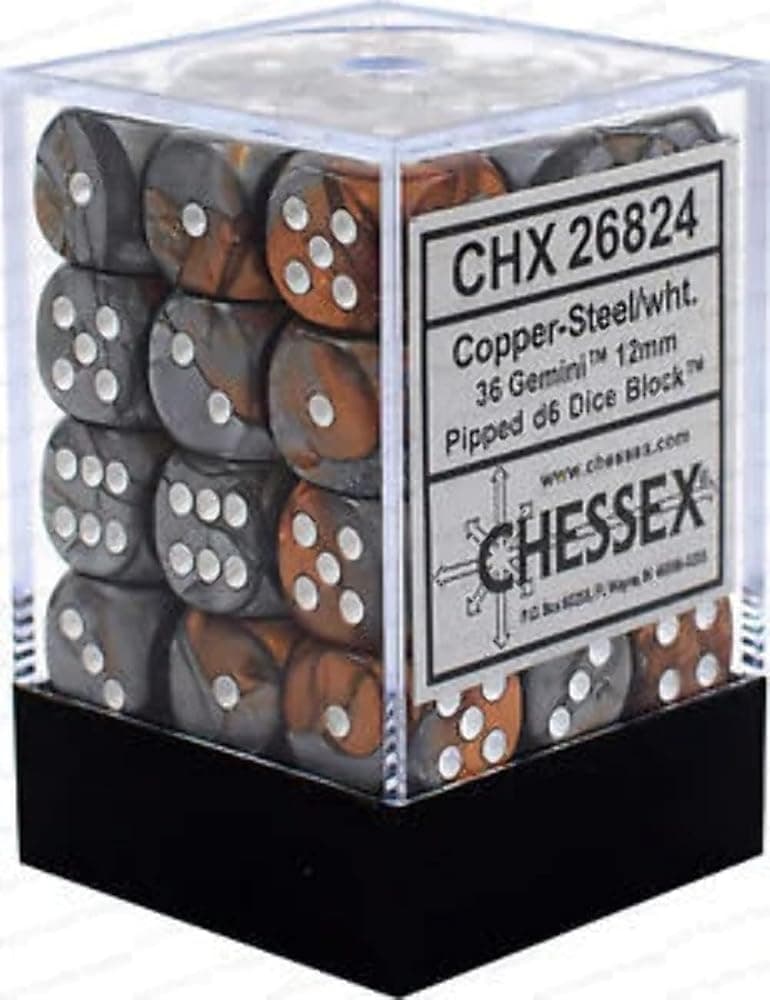 Conjunto de dados DND - Dados D&D - Dados Géminis de 12 mm de cobre, acero y plástico blanco - Conjunto de dados poliédricos - Dados de mazmorras y dragones incluye 36 dados – D6 (CHX26824)