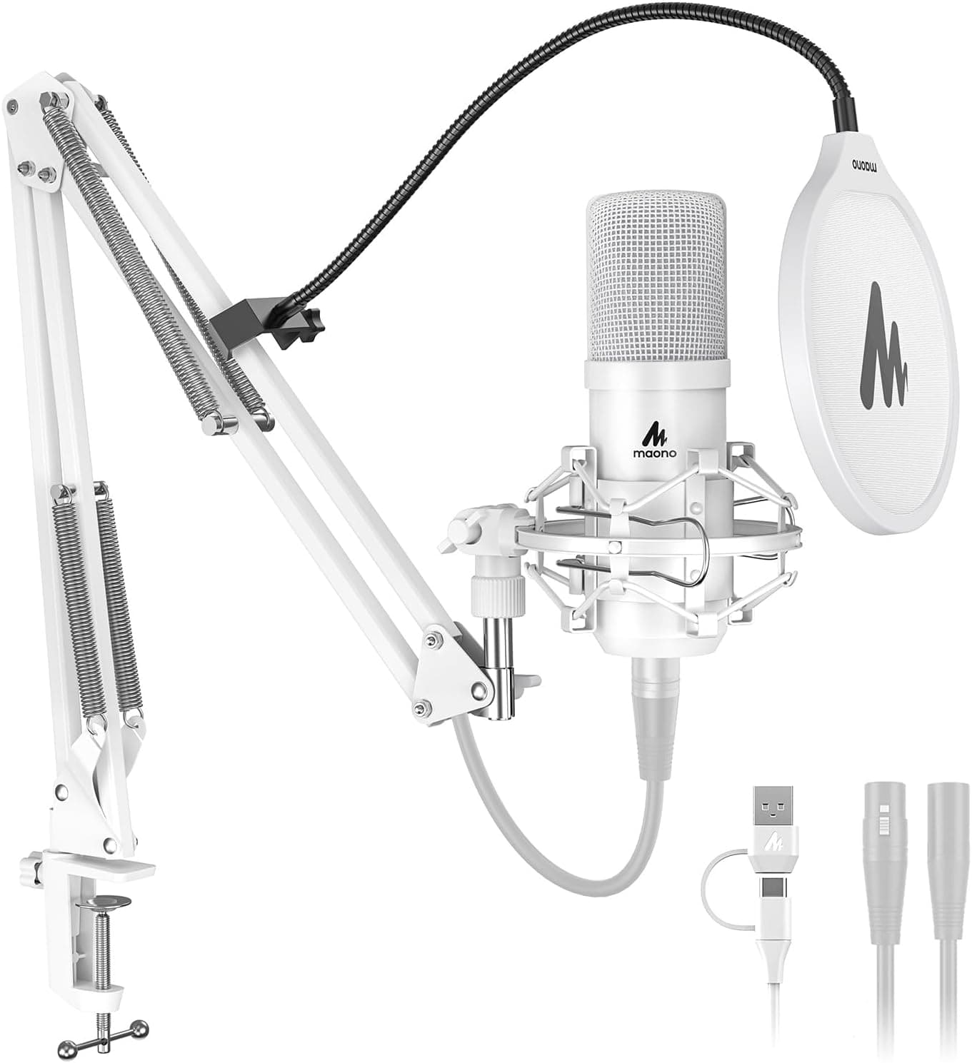 MAONO A04 Gen2 Micrófono de condensador XLR/USB blanco para grabación de podcasts en PC | Micrófono metálico cardioide para ordenador Plug & Play de 192kHz/24 bits con software, chipset de sonido profesional para creación de contenido, transmisión, YouTube