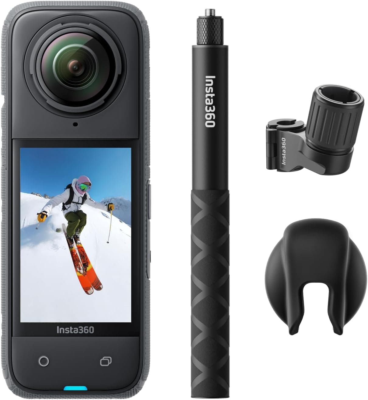 Paquete de esquí Insta360 X4: cámara de acción 360 resistente al agua 8K, vídeo gran angular 4K, palo selfie invisible, protectores de lentes extraíbles, duración de batería de 135 minutos, edición AI, sin tarjeta micro SD