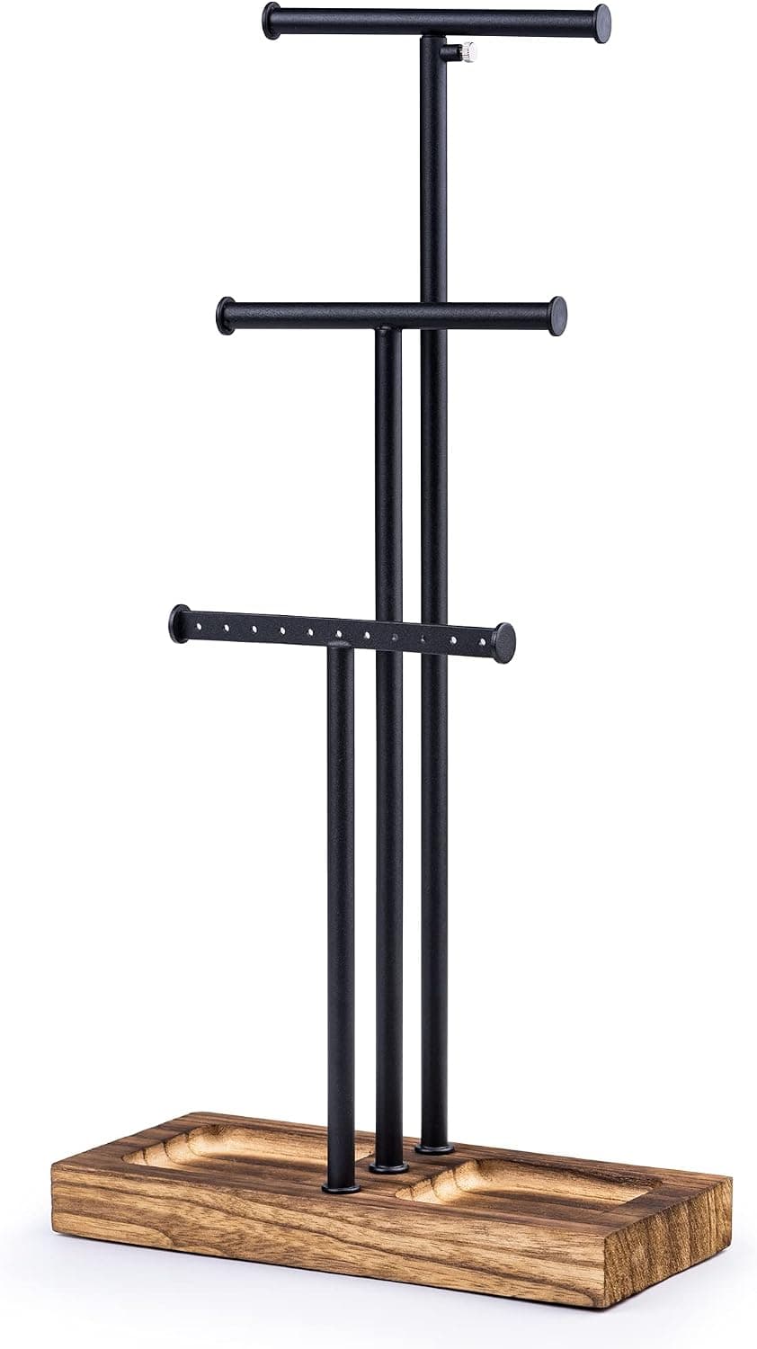 Love-KANKEI Organizador de joyas de 3 niveles, altura ajustable, negro carbonizado | Varilla de metal,Base de madera maciza,Fácil de instalar,Estilo de árbol,Exhibición de collares largos,Pulseras,Pendientes,Anillos,Relojes,Brazaletes,Regalo