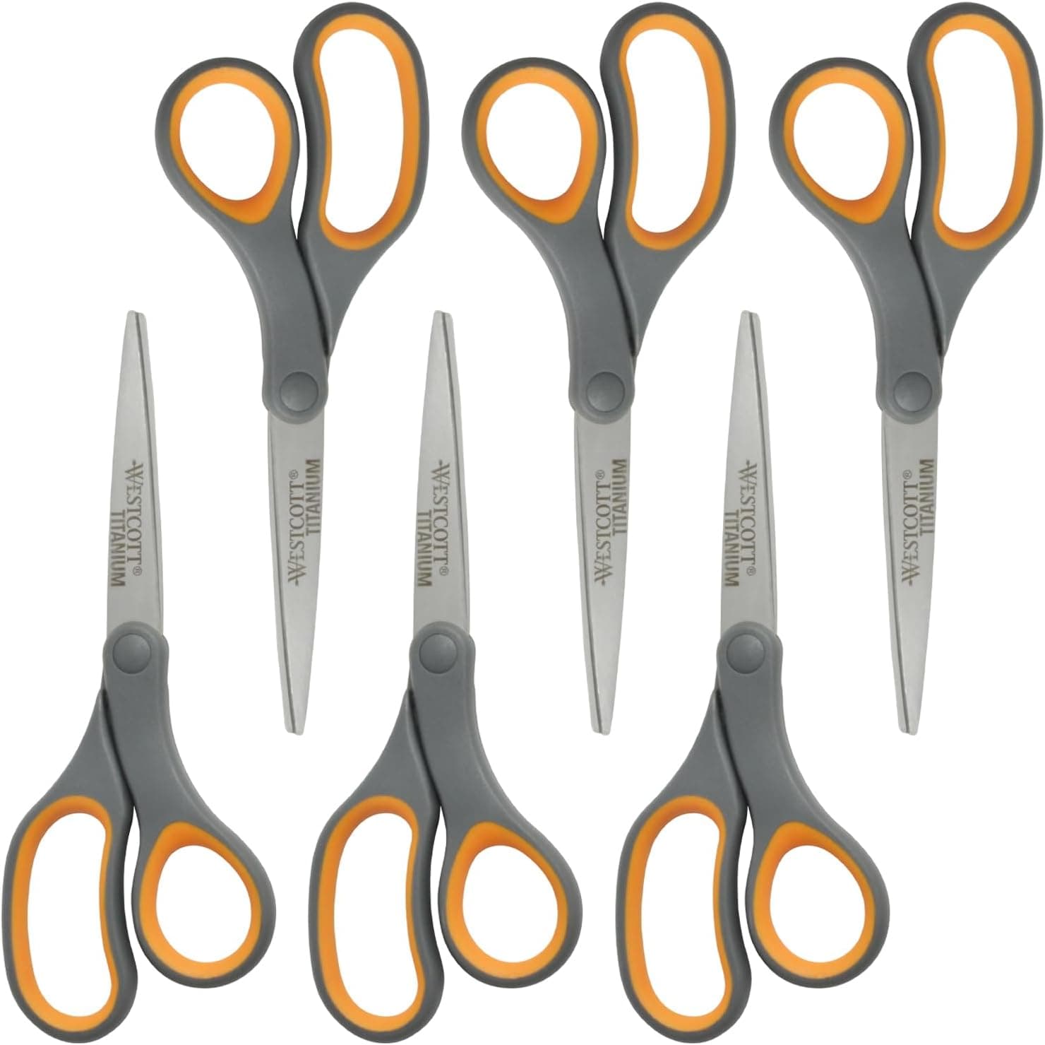 Tijeras Westcott Titanium Bonded, mango suave, 8", rectas, gris/amarillo, paquete de 6