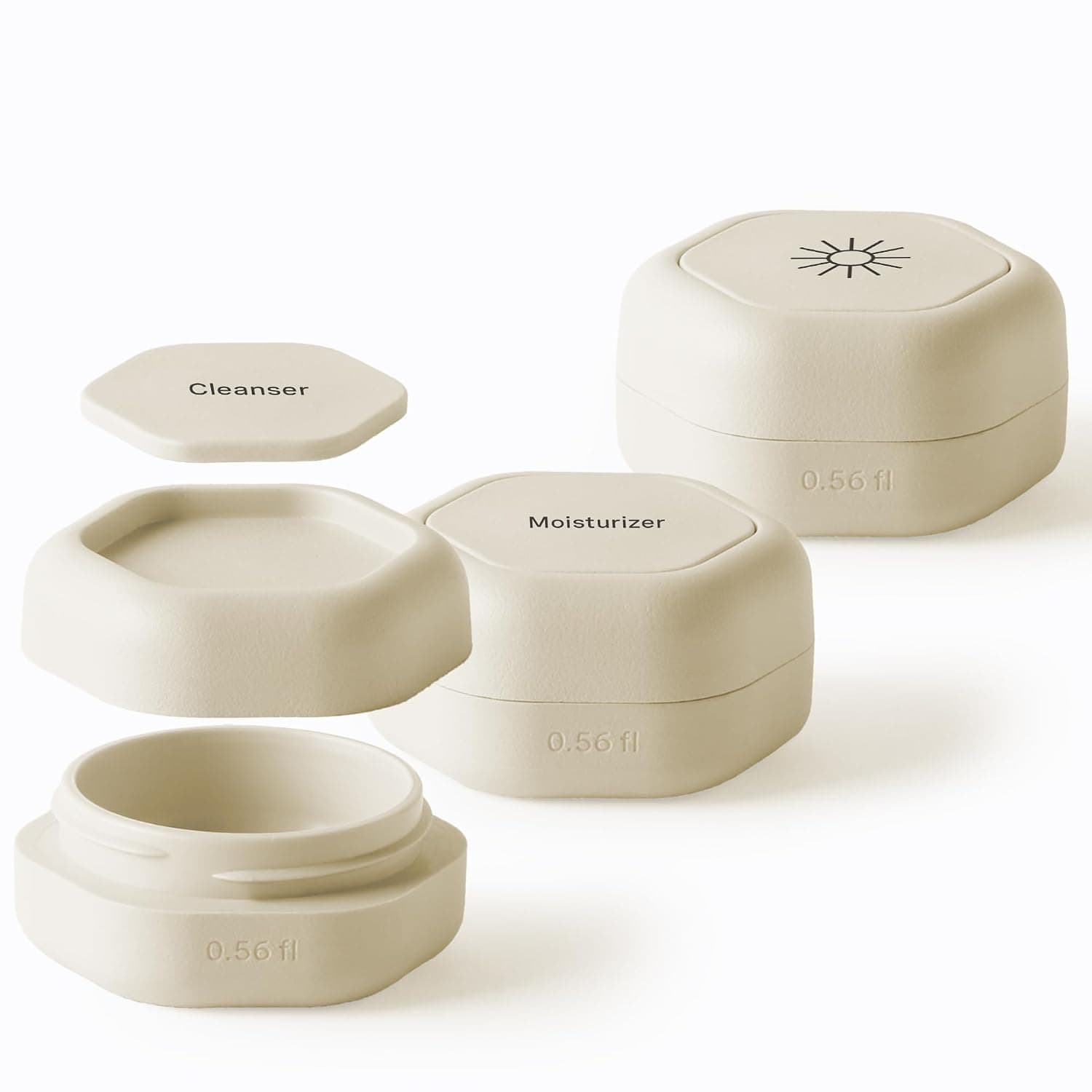 Cadence Capsules - Set básico para el cuidado de la piel, arena - Tres recipientes pequeños con tapas magnéticas - 100% a prueba de fugas y aprobado por la TSA para viajar y llevar, minimalista y apilable (0,56 oz cada uno)